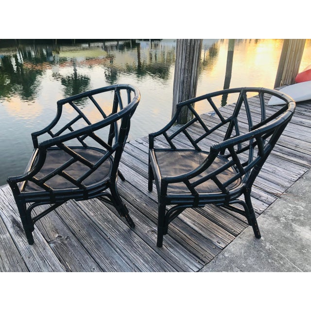 Hollywood Regency Mid-Century Chinese Chippendale-Style Distressed Bamboo Accent Chairs- a Pair For Sale - Image 3 of 13