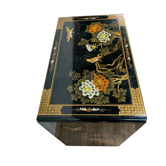 Vintage Chinese Asian Chinoiserie Floral Cabinet ~ Black Lacquered Side Table For Sale - Image 10 of 15