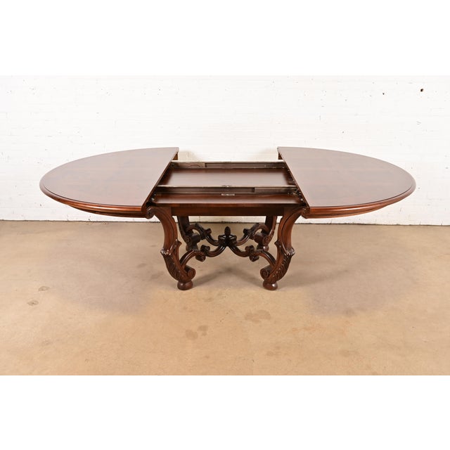 Henredon Italian Provincial Carved Walnut and Burl Wood Pedestal Extension Dining Table, Newly Refinished For Sale In South Bend - Image 6 of 14