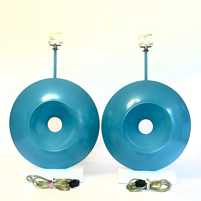 1980s Postmodern Sculptural Saturated Turquoise Table Lamps - A Pair For Sale - Image 5 of 14