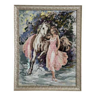 Framed Lady With a Horse Needlepoint. For Sale