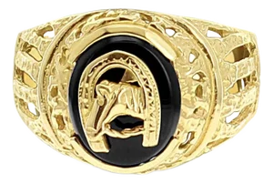 Horseshoe with Horse Head Onyx Ring 14k Yellow Gold, Size 10