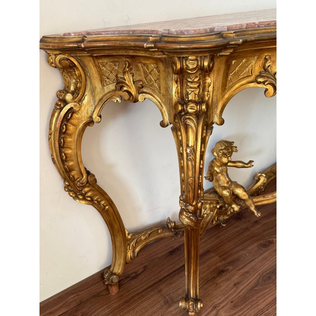 Wood Early 19th Century Baroque Carved & Gilted Walnut Ormolu with Marble Console Table and Cherub For Sale - Image 7 of 18