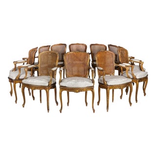 Set of 12 French Louis XV Style Antique Caned and Polychromed Dining Chairs For Sale
