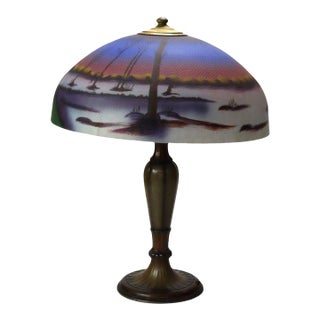 Antique Jefferson Attr Reversed Painted Scenic Landscape Table Lamp C1920 For Sale