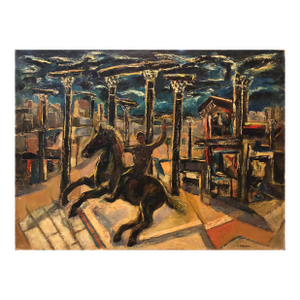 Samuel BrecherYesterday's, Surrealist Horse Rider, Architectural Ruins Modernist Oil Painting, 1953