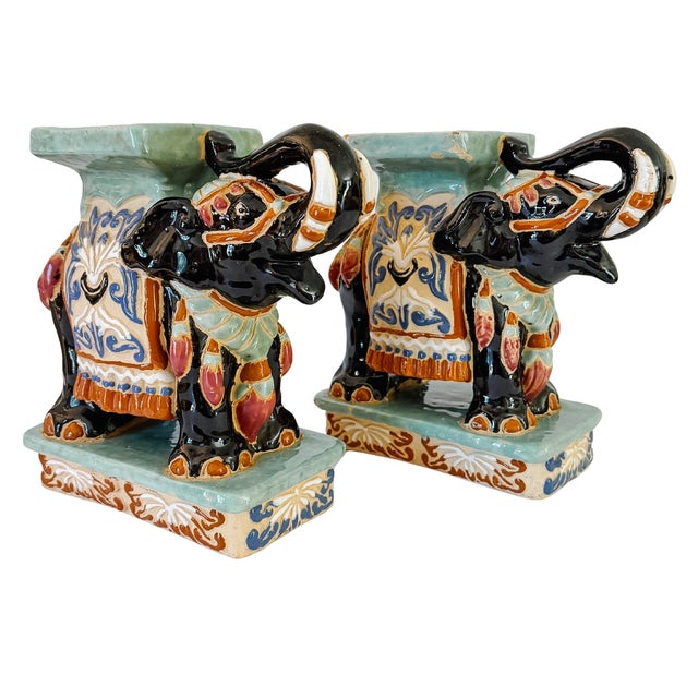 Vintage Chinoiserie Celadon & Black Ceramic Elephant Glazed Plant Stands / Bookends - A Pair For Sale - Image 4 of 13