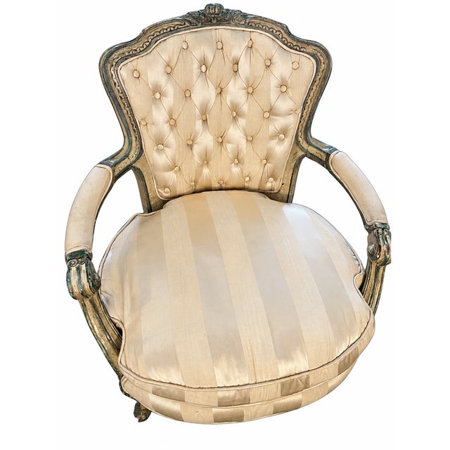 Louis XV–Style Gold Tufted Armchair With Coordinating Damask Fringed Footstool For Sale - Image 11 of 13