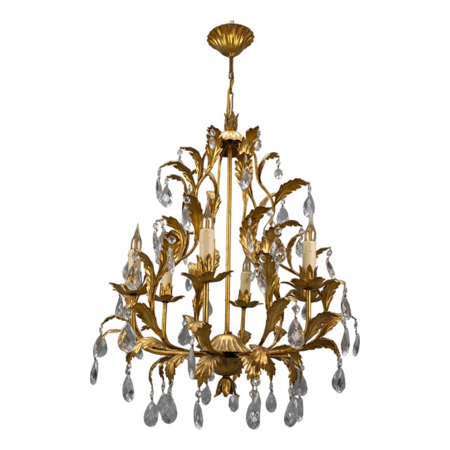 Hollywood Regency Style Gilt Metal and Crystal Glass Six-Light Chandelier, Italy For Sale