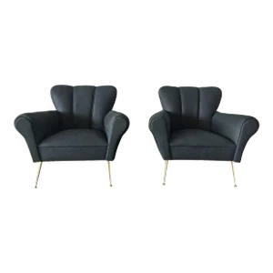 Italian Armchairs in Petroleum Blue Calfskin Leather - A Pair