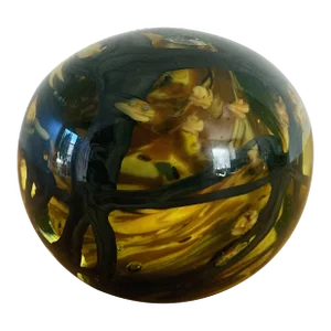 Vintage Mouth Blown Glass Paper Weight in Yellow and Green With Air Bubbles