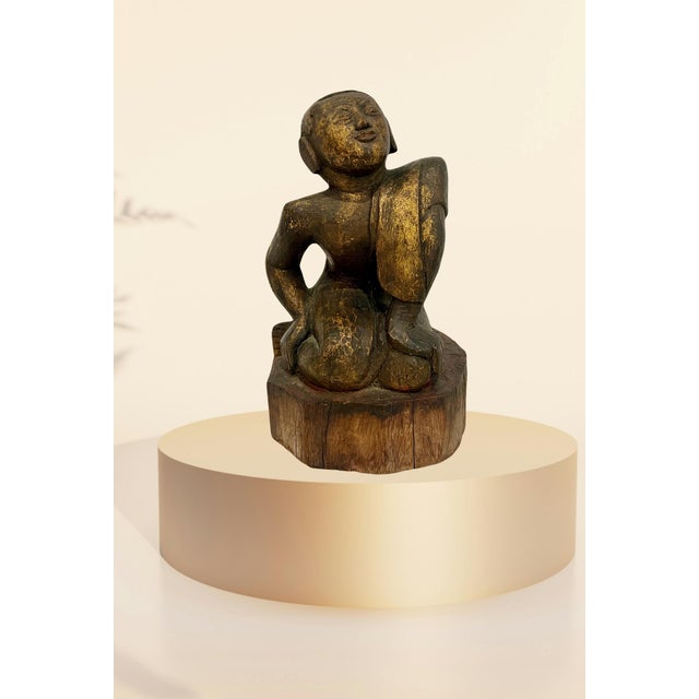 Late 19th Century Antique Wood Hand Carved Burmese Monk Figure With Gilding For Sale - Image 9 of 12