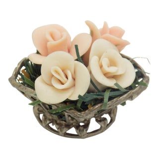 Vintage Italian Handmade Silver & Salt Dough Flower Basket Dollhouse Miniature For Sale