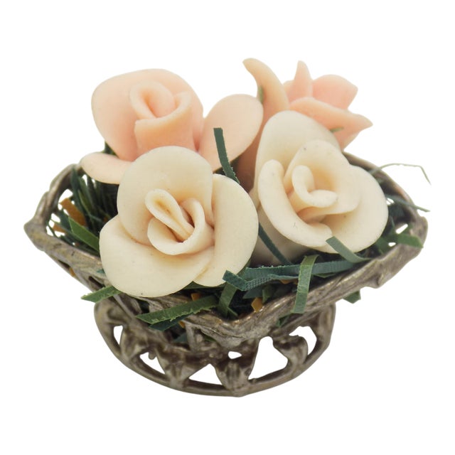 Vintage Italian Handmade Silver & Salt Dough Flower Basket Dollhouse Miniature For Sale