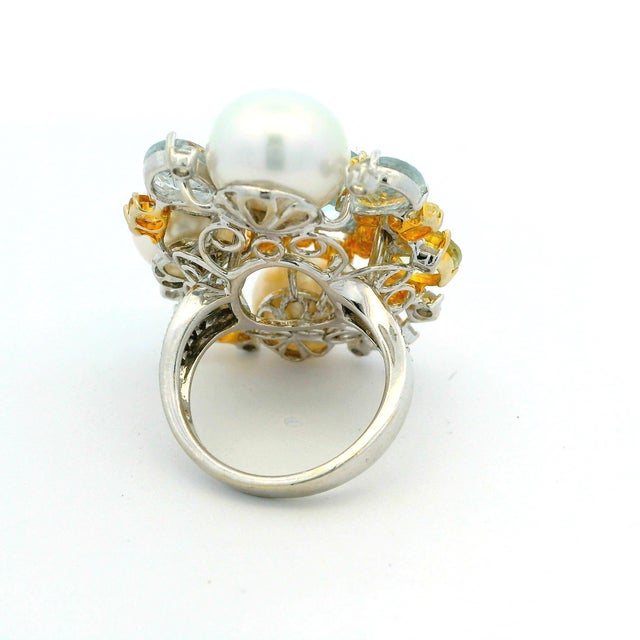 1980s 1980s 18k White Gold Aquamarine Multi-Gem Pearl Diamond Cluster Cocktail Ring, Size 6.75 For Sale - Image 5 of 10