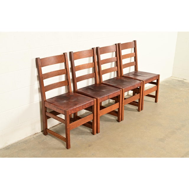 Early 20th Century L. & J. G. Stickley Antique Mission Oak Arts & Crafts Ladder Back Dining Chairs | Set of Four For Sale - Image 5 of 16