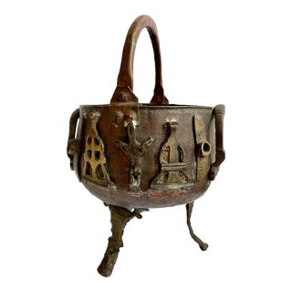 Vintage Footed Pot With Handle Copper and Brass Folk Art For Sale