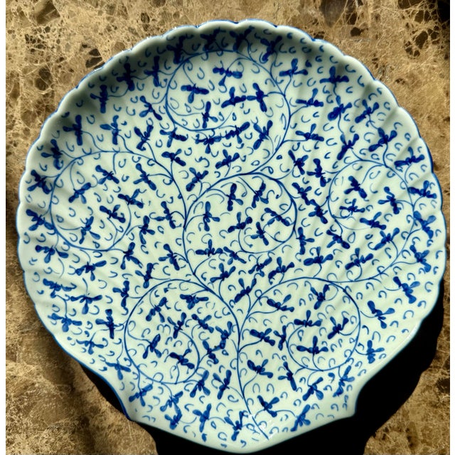 Hand Painted Blue & White Scallop Shell Shaped Porcelain Dish For Sale - Image 9 of 10