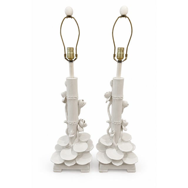 Mid-Century Modern Mid 20th Century Italian Ceramic Faux Bamboo & Lotus Flower Table Lamps - A Pair For Sale - Image 3 of 17