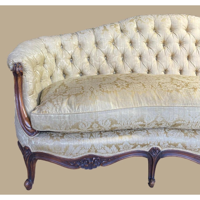 Vintage French Button Back Tufted Sofa With Gold Damask Fabric For Sale - Image 16 of 17