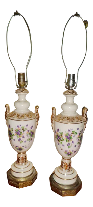 Vintage Porcelain Hand Painted With Violets Table Lamps - a Pair
