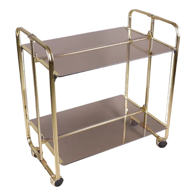Vintage Folding Bar Cart with Smoked Glass and Gold-Colored Frame, Germany, 1980s For Sale