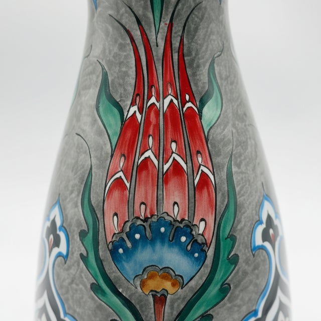 Turkish Handmade Ceramic Conical Vase (25cm) – Antique Stone Texture & Red Tulip Pattern – Vintage Style Decor For Sale - Image 3 of 8