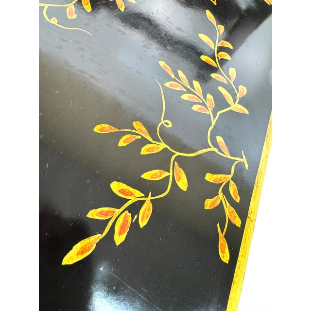 Chinoiserie Vintage Chinoiserie Black Lacquer Accent Bench With Gilt Hand-Painted Motifs For Sale - Image 3 of 15