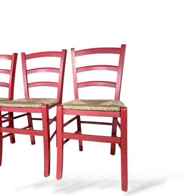 Wood Italian Red Oak Ladder-Back Dining Chairs with Woven Rush Seats, Set of 4 For Sale - Image 7 of 9