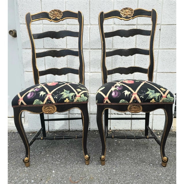Early 20th Century Set of Six French Provinical Partial Gilt and Ebonized Slat Ladder Back Side Chairs For Sale In Washington DC - Image 6 of 11