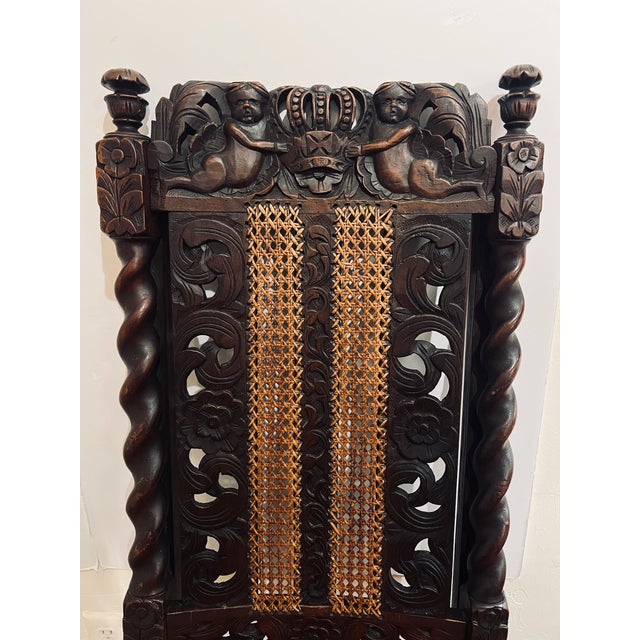 English Pair of Antique Renaissance Revival Carved Wooden Chairs For Sale - Image 3 of 10