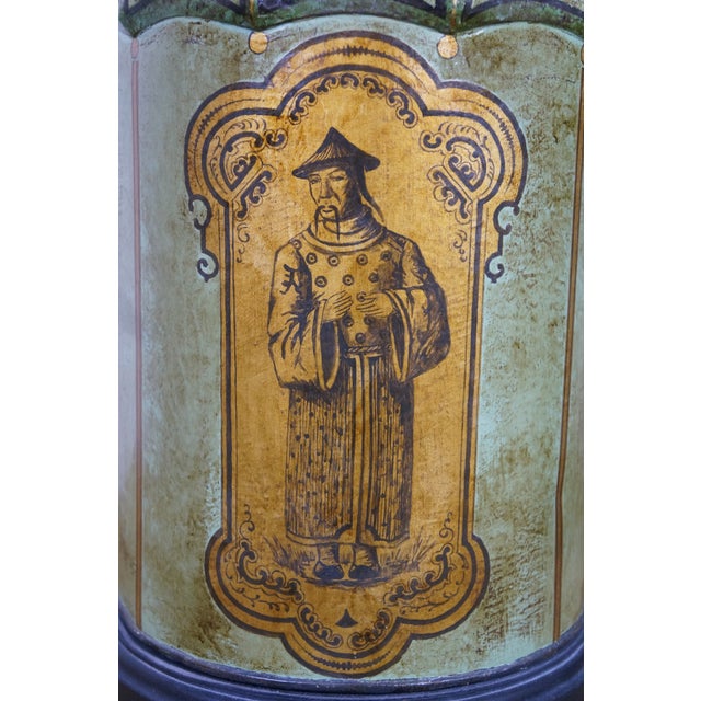 Late 20th Century Chinese Chinoiserie Green Gilt Toleware Tea Canister Caddy Banquet Lamps - a Pair For Sale - Image 11 of 18