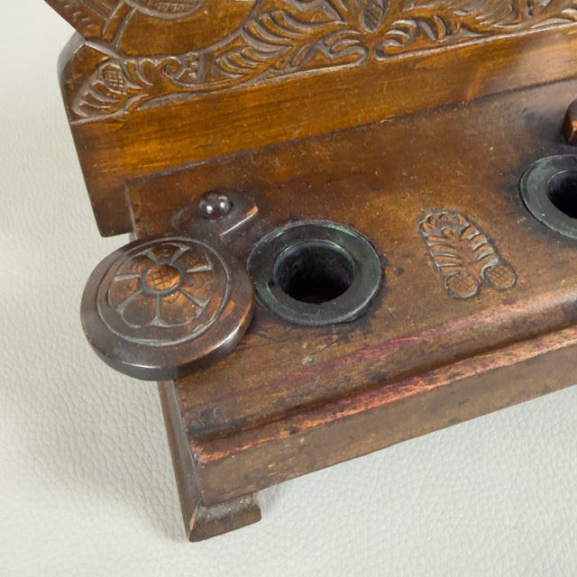 Brown Vintage Double Inkwell Desk in Carved Wood with Glass Trays, 1940s For Sale - Image 8 of 12