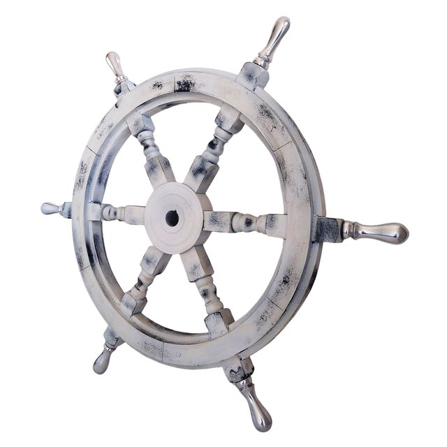 Vintage Nautical Handcrafted White Wooden Ship Wheel With Aluminium Hub & Handle For Sale - Image 4 of 6