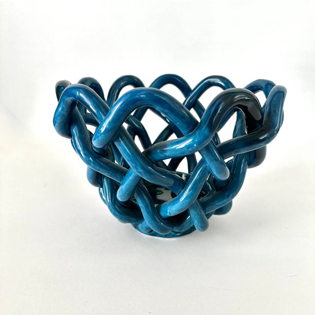Ceramic Hand Crafted Cerluean Blue Twisted Pottery Bowl For Sale - Image 7 of 16