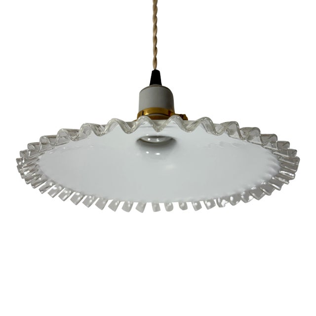 French White Opaline Glass “Frill” Pendant Light, 1930s For Sale