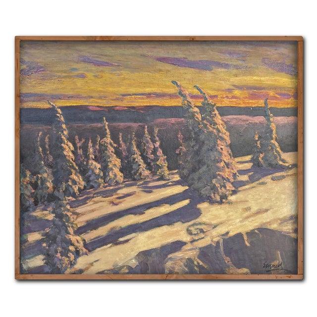 Emil Maier, Snowy Firs at Sunset, 1920s, Oil Painting on Canvas For Sale - Image 11 of 17