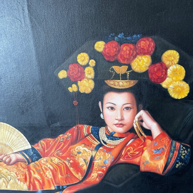 Stunning Reclining Woman With Fan Large Oil Painting Singed Excelent detail and Vibrant Color