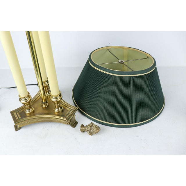 English Vintage Brass Bouillotte Library Lamp With Green Pleated Shade For Sale - Image 3 of 13