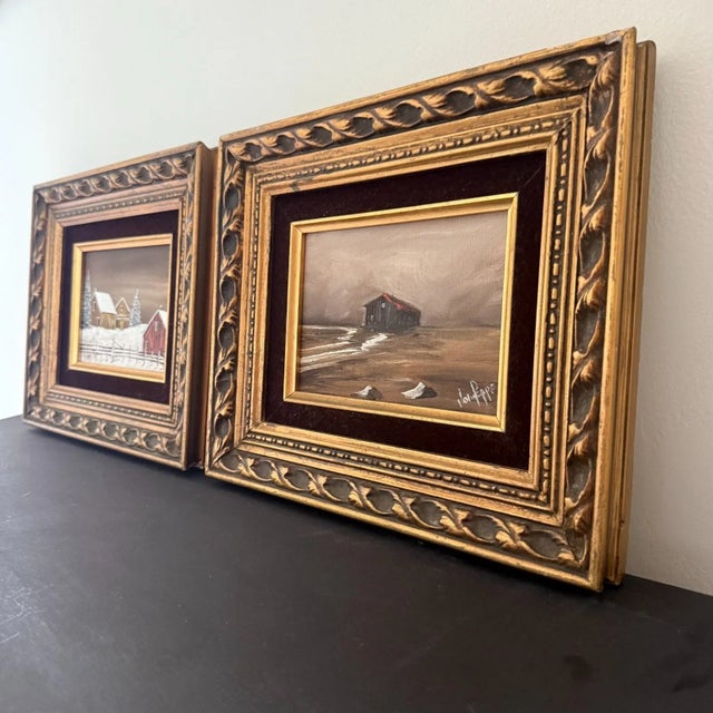Brown Pair Vintage Framed Winter Landscape Oil Paintings Signed John Peppe For Sale - Image 8 of 16