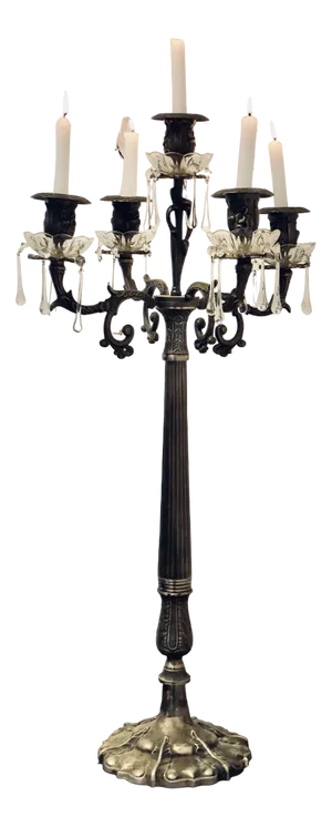 Art Nouveau French Silver Metal and Crystal 5 Branch Candelabra