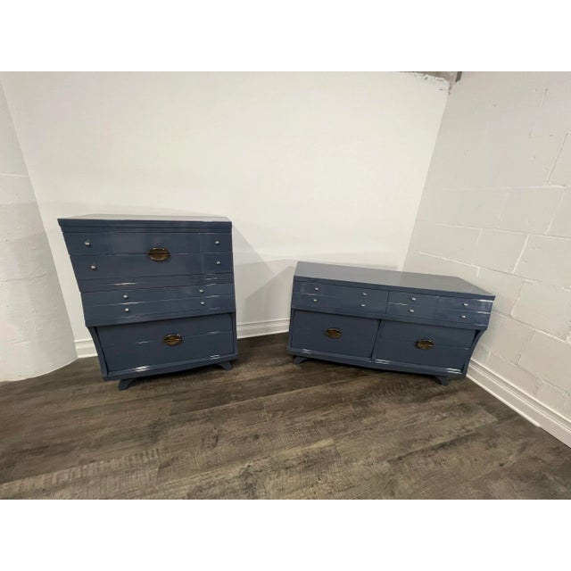 1970s Set of Two Blue Dressers Low and Tall Boy Custom Painted, High Gloss Lacquer Set, Refinished Modern Antique For Sale In Chicago - Image 6 of 12