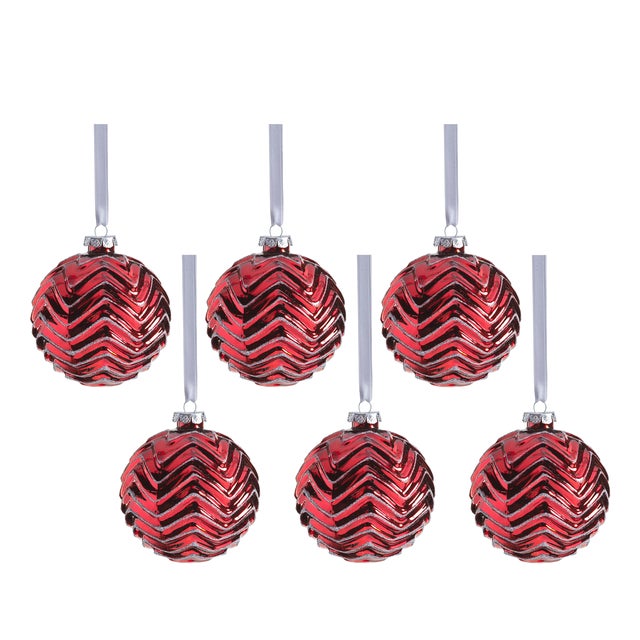 Trieste 6-Piece Set Red Metallic Chevron Glass Ball Ornaments, 4" For Sale