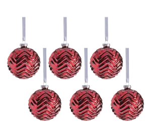 Trieste 6-Piece Set Red Metallic Chevron Glass Ball Ornaments, 4"