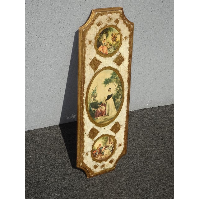 Vintage Italian Gold Gilt Tole Hand Painted Plaque Wall Picture For Sale - Image 4 of 12