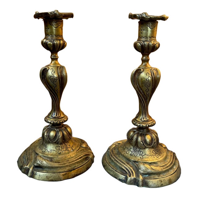 Pair of Swedish 18th Century Brass Candle Sticks With Brass Bobeche's For Sale