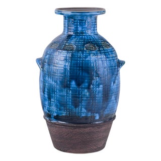 Vase in Rimini Blue Glazed Ceramic with Geometric Pattern by Aldo Londi for Bitossi, 1960s For Sale