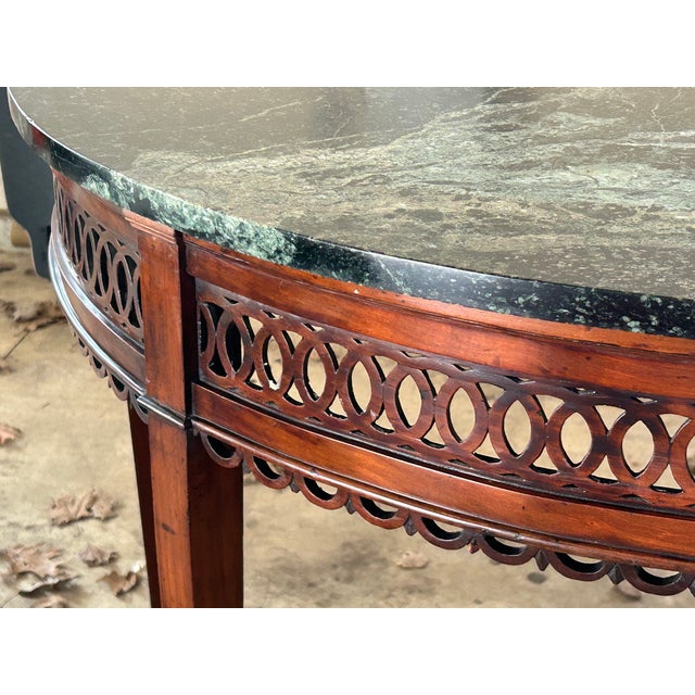 Massive Antique Demilune Mahogany Console Table With Green Marble Top – Louis XVI Neoclassical / George III Style Entryway Fretwork Accent Table For Sale - Image 10 of 12