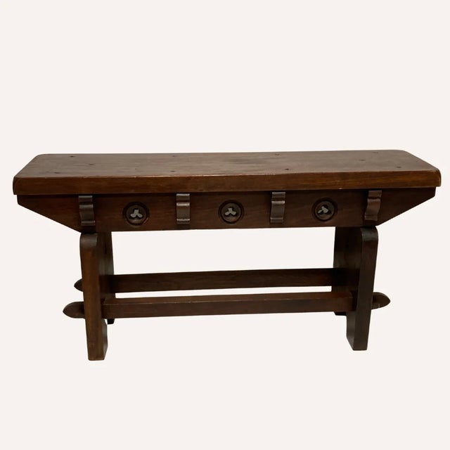 Mid-Century Spanish Brutalist Neo Gothic Style Oak Bench Side Table or Console For Sale - Image 9 of 13