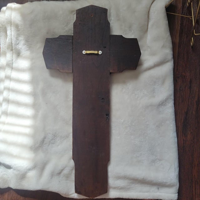 Antique Art Deco Hand Carved Oak Crucifix Face of Jesus Wall Cross 25" Tall For Sale - Image 13 of 18